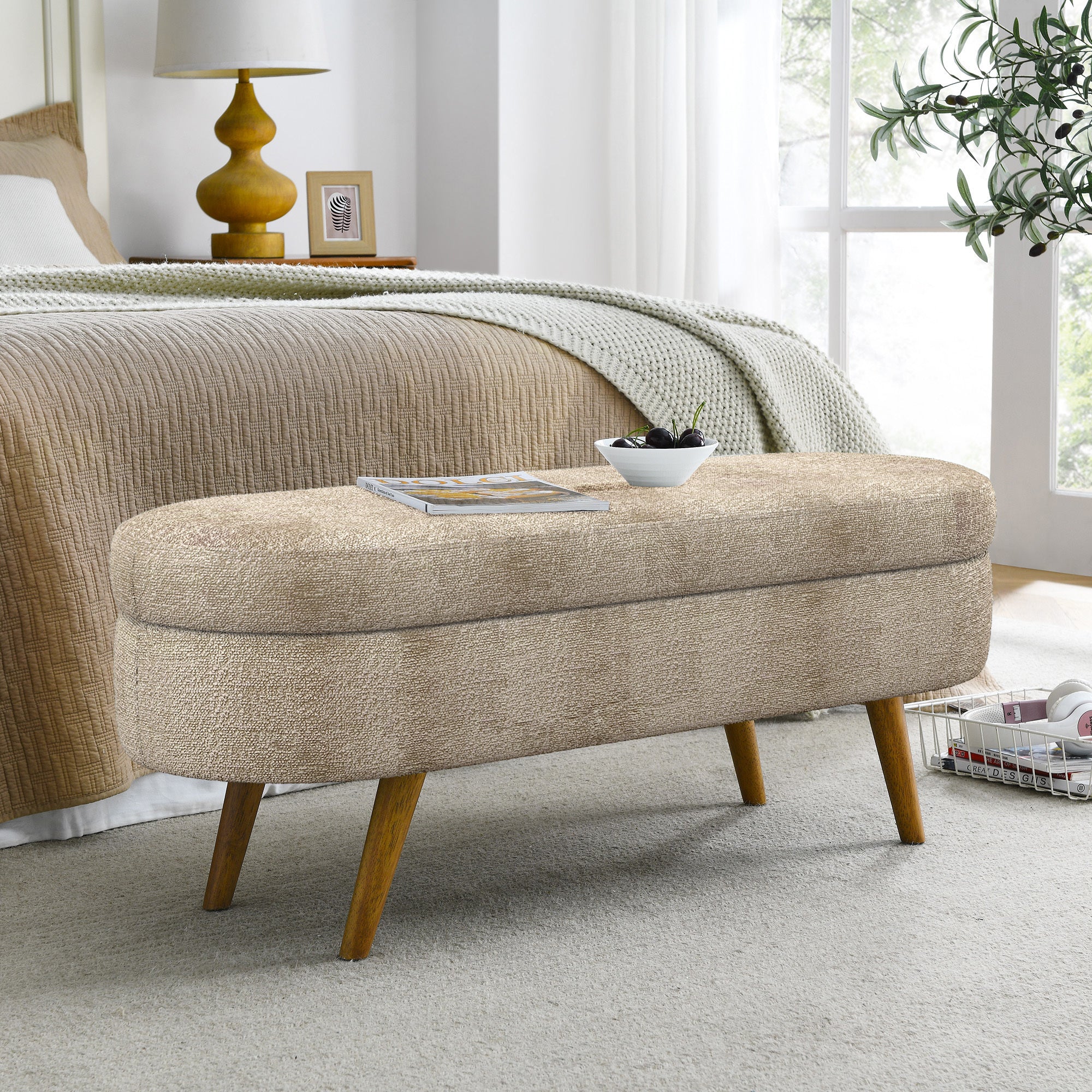Ottoman Oval Storage Bench with Rubber Wood Legs, Gray Fabric, 43.5'x16'x16' - Grand Goldman Shop