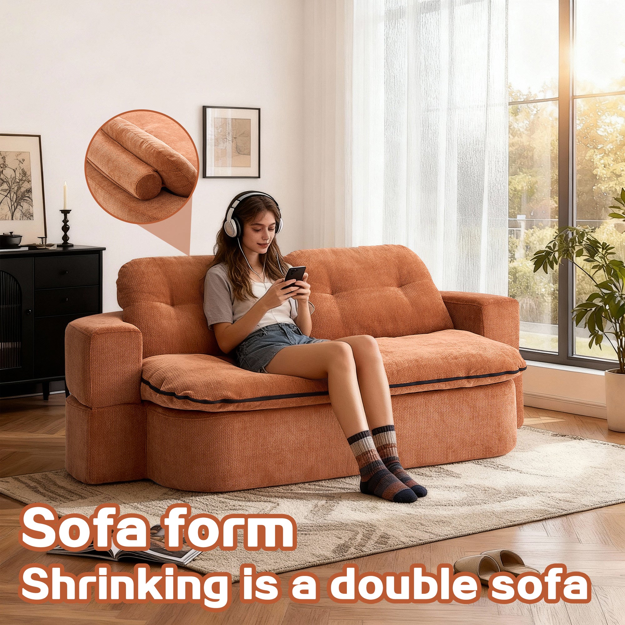 Modern Floor Sofa with 2 Pillows,Convertible Corduroy Fabric Foam-Filled Sleeper Sofa Bed, no assembly required,Convertible Sofa Cushion Unfolds into Quilt,Folding Mattress for Living Room,Playroom - Grand Goldman Shop
