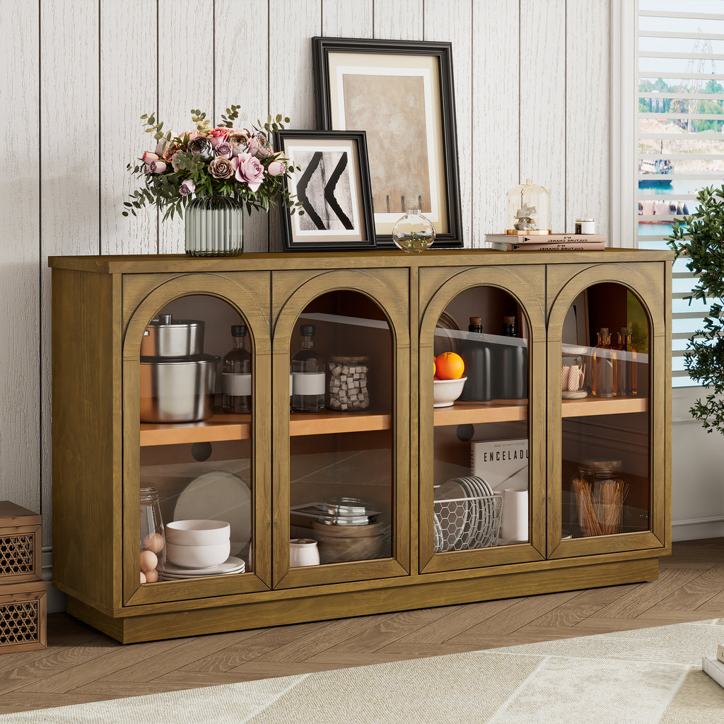 TREXM 4-Door Large Storage Buffet Cabinet with Glass Doors, Arched Cabinet with Adjustable Shelves for Kitchen, Dining Room and Living Room (Old Pine) - Grand Goldman Shop