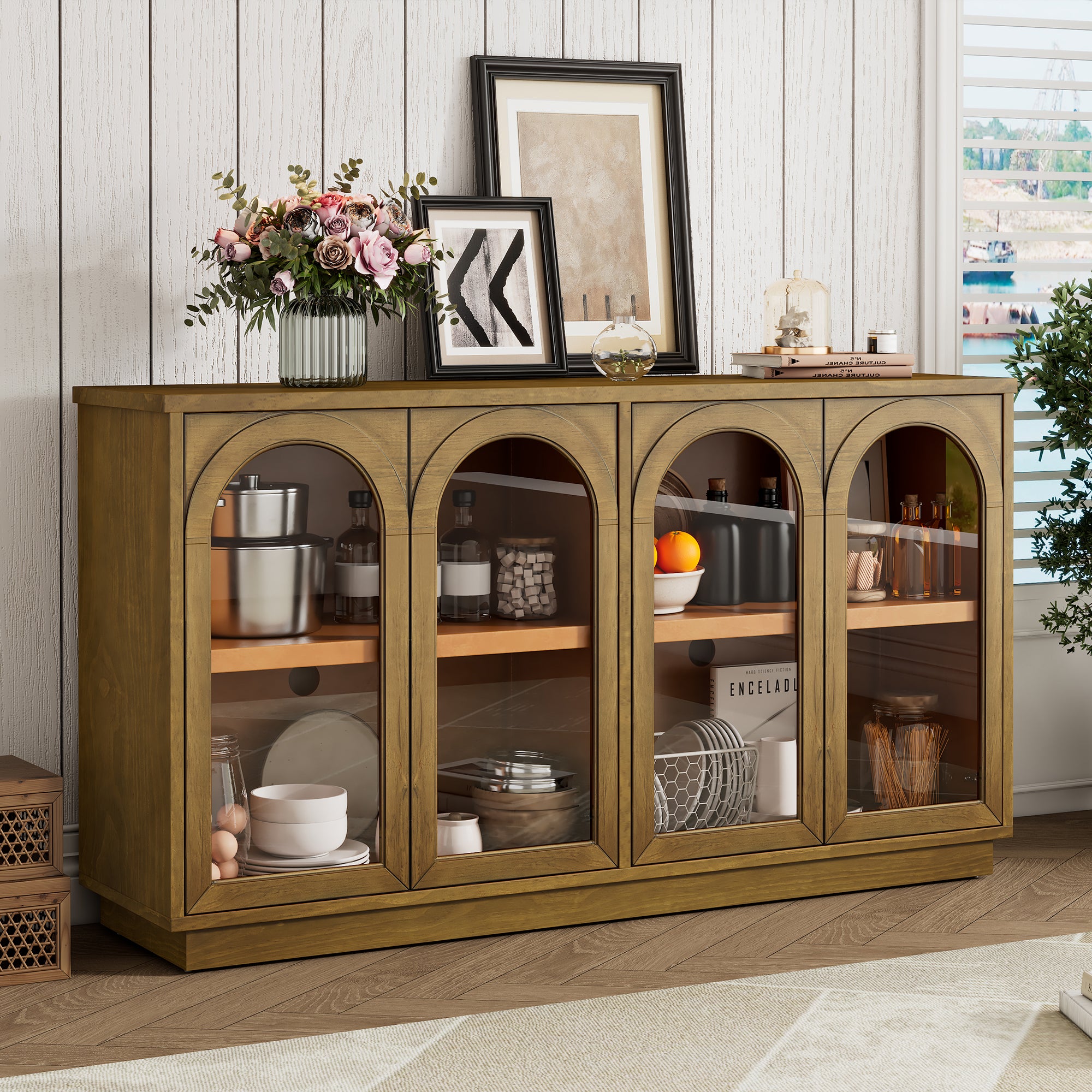 TREXM 4-Door Large Storage Buffet Cabinet with Glass Doors, Arched Cabinet with Adjustable Shelves for Kitchen, Dining Room and Living Room (Old Pine) - Grand Goldman Shop