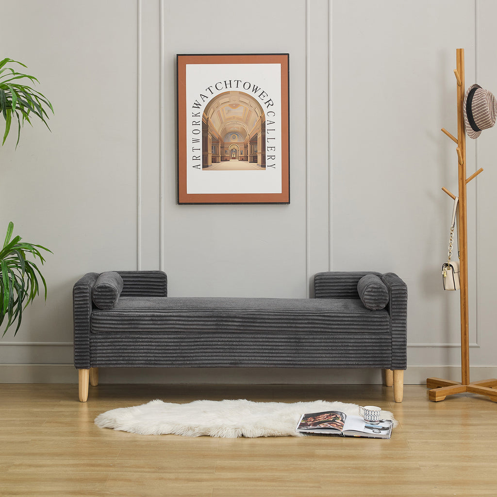 65.35'Wide Upholstered Flip-top Storage Accent Bed Bench, Corduroy Footrest Ottoman with Armrests&Backrest&2 Bolster Pillows Wood Legs for Living Room, End of Bed, Hallway, Entryway Bedroom. Charcoal - Grand Goldman Shop