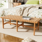 Stylish Acacia Wood Bedroom Bench with Woven PU Leather Seat in Warm Teak Tone, Natural Finish - Grand Goldman Shop
