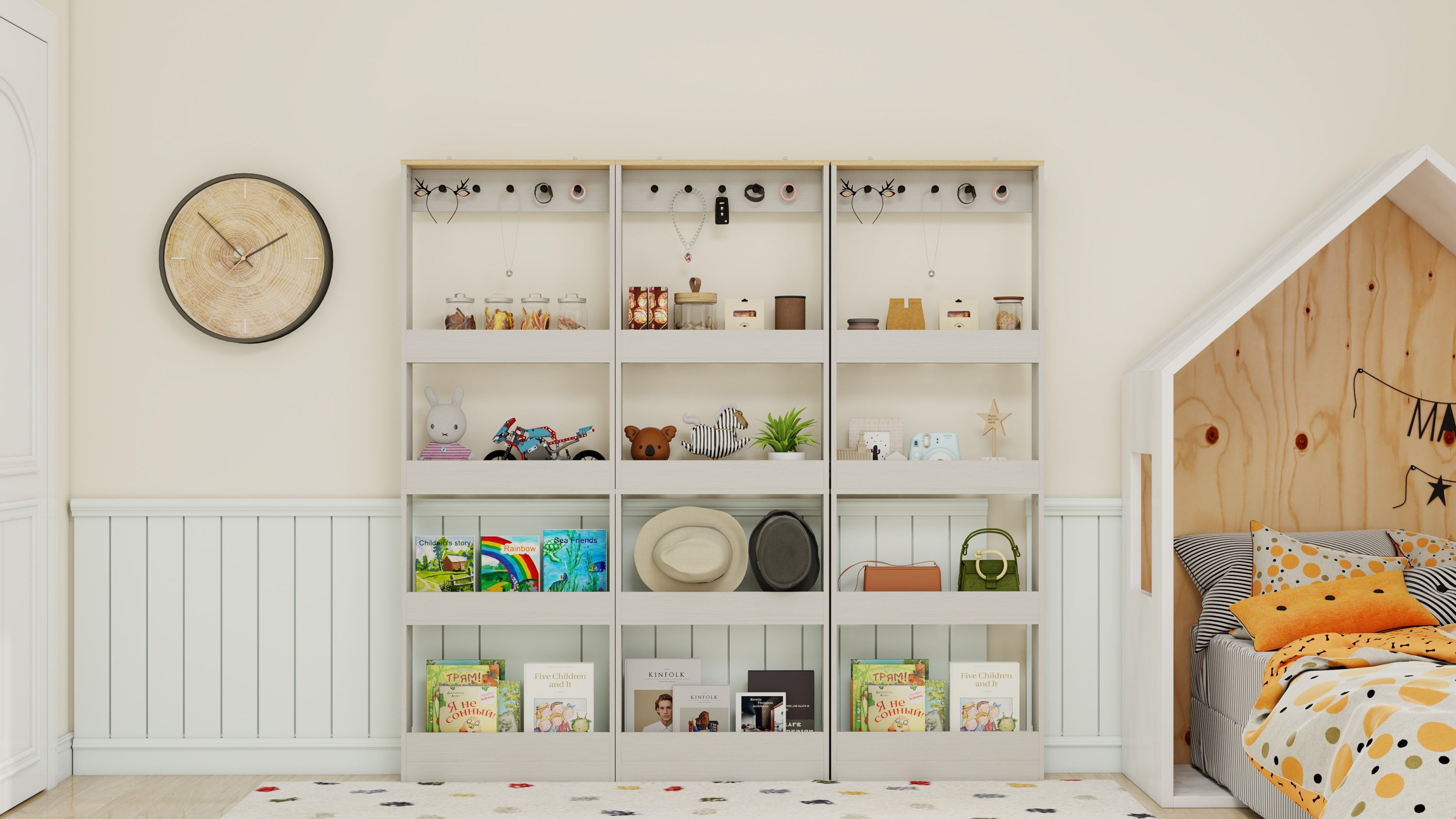 Behind The Door 69' Tall Bookcase with 4 Shelves and 5 hooks,  Space-Saving Narrow storage cabinet for Living Room, Children's Room, Study Room, Kitchen, Corridor-Antique White - Grand Goldman Shop