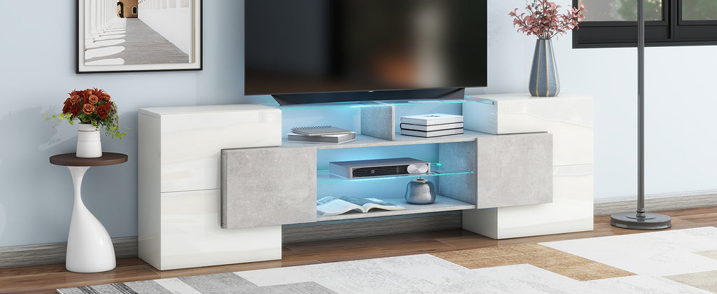 ON-TREND Unique Shape TV Stand with 2 Illuminated Glass Shelves, High Gloss Entertainment Center for TVs Up to 88', Versatile TV Cabinet with LED Color Changing Lights for Living Room, Grey - Grand Goldman Shop