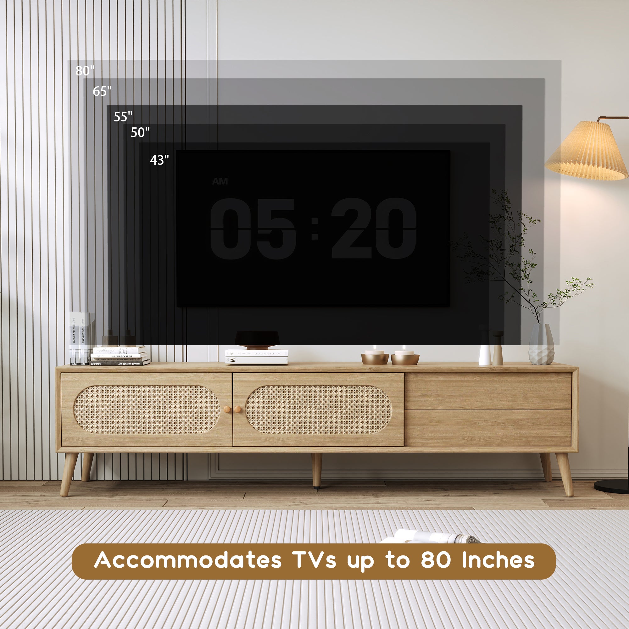 Boho TV Stand for TVs up to 80'', Modern Farmhouse Media Console with Solid Wood Legs, Natural Wood Finish, MDF Cabinet, 70.8''L x 15.7''W x 17.7''H - Grand Goldman Shop