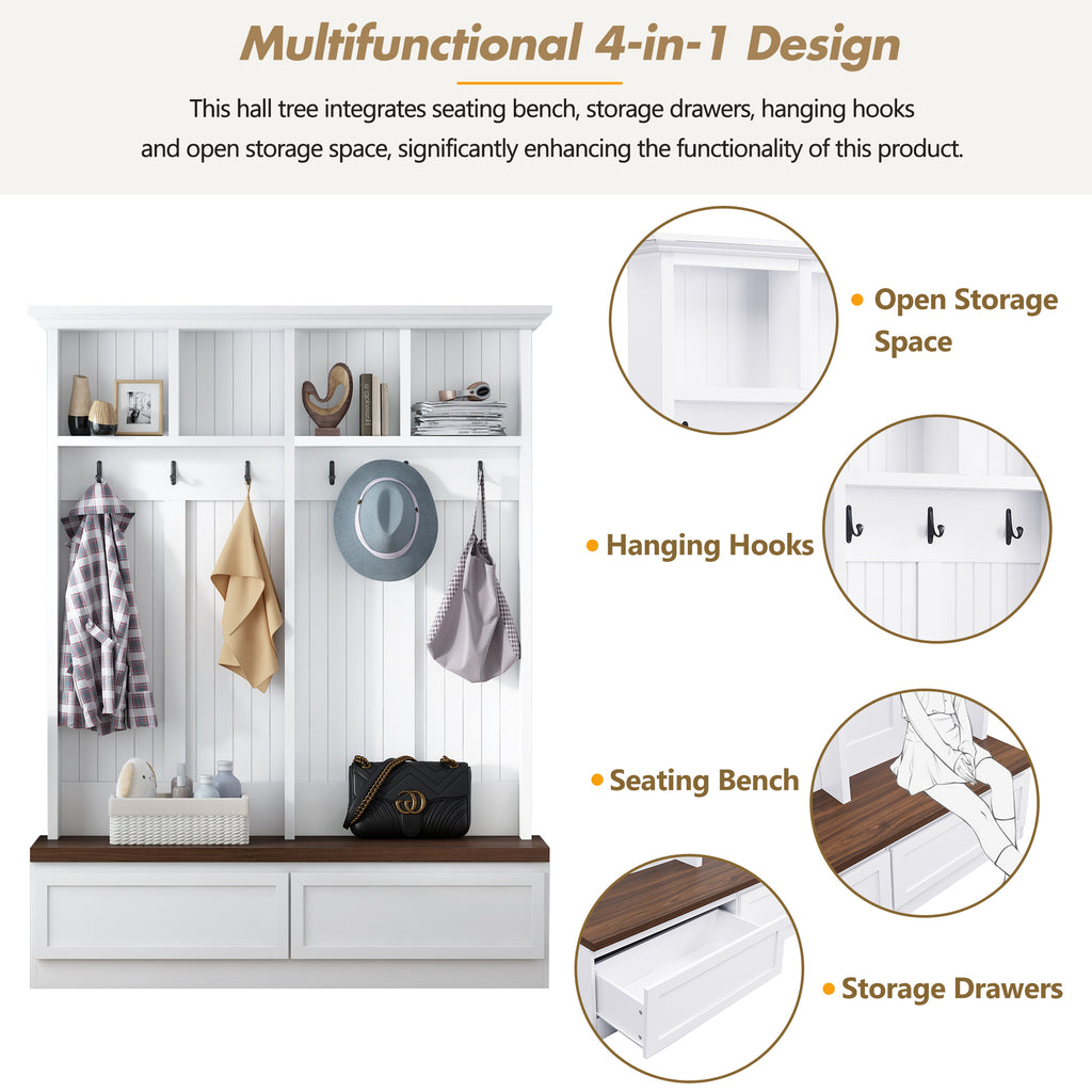 Farmhouse 4-in-1 Hall Tree with Wood Grain Bench, Mudroom Versatile Coat Rack with 2 Large Drawer, Entrance Organizer for Hallway, Living Room, White, 55.9'W (OLD SKU: N721P313099K) - Grand Goldman Shop
