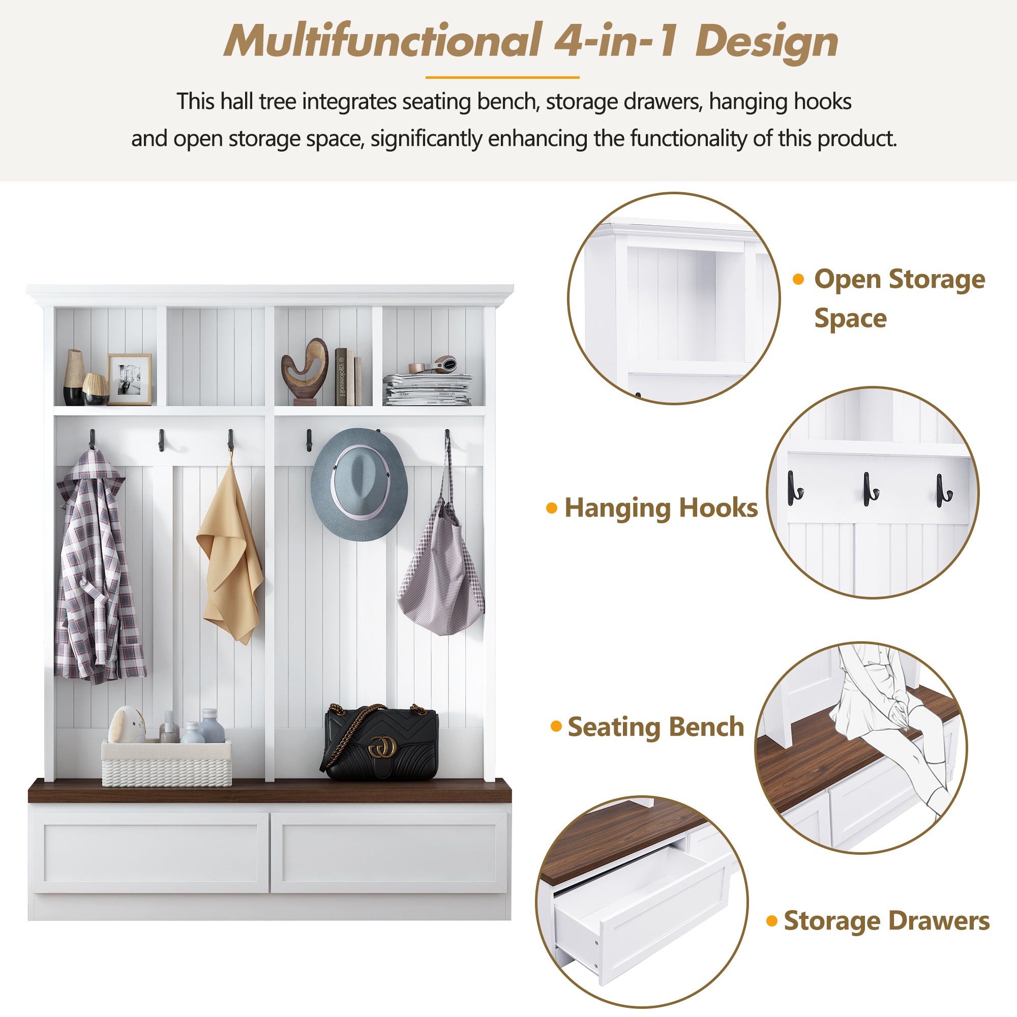 Farmhouse 4-in-1 Hall Tree with Wood Grain Bench, Mudroom Versatile Coat Rack with 2 Large Drawer, Entrance Organizer for Hallway, Living Room, White, 55.9'W (OLD SKU: N721P313099K) - Grand Goldman Shop