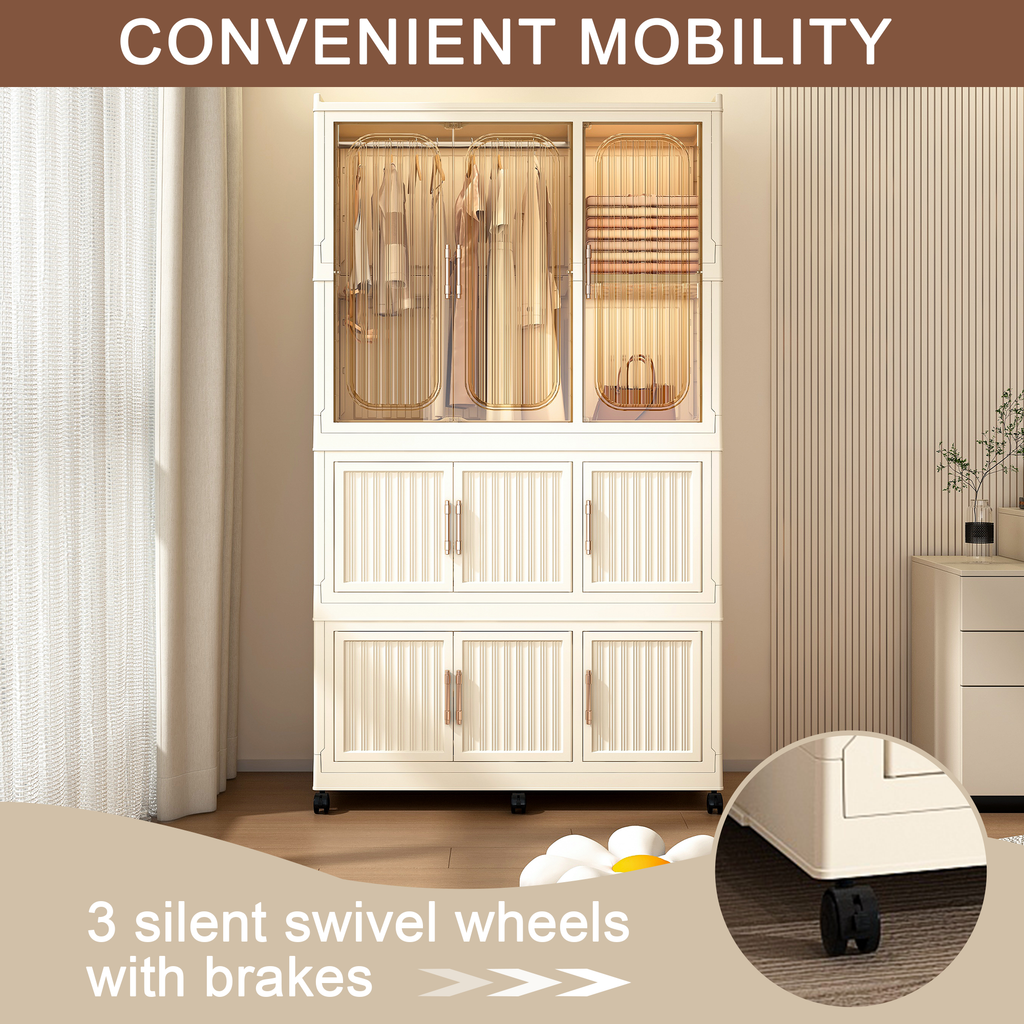 Portable Wardrobe Closet Storage Organizer with 9 Magnetic Doors, Cream White, - Grand Goldman Shop