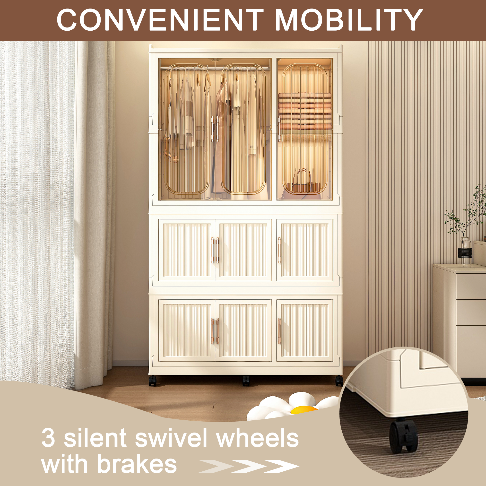 Portable Wardrobe Closet Storage Organizer with 9 Magnetic Doors, Cream White, - Grand Goldman Shop