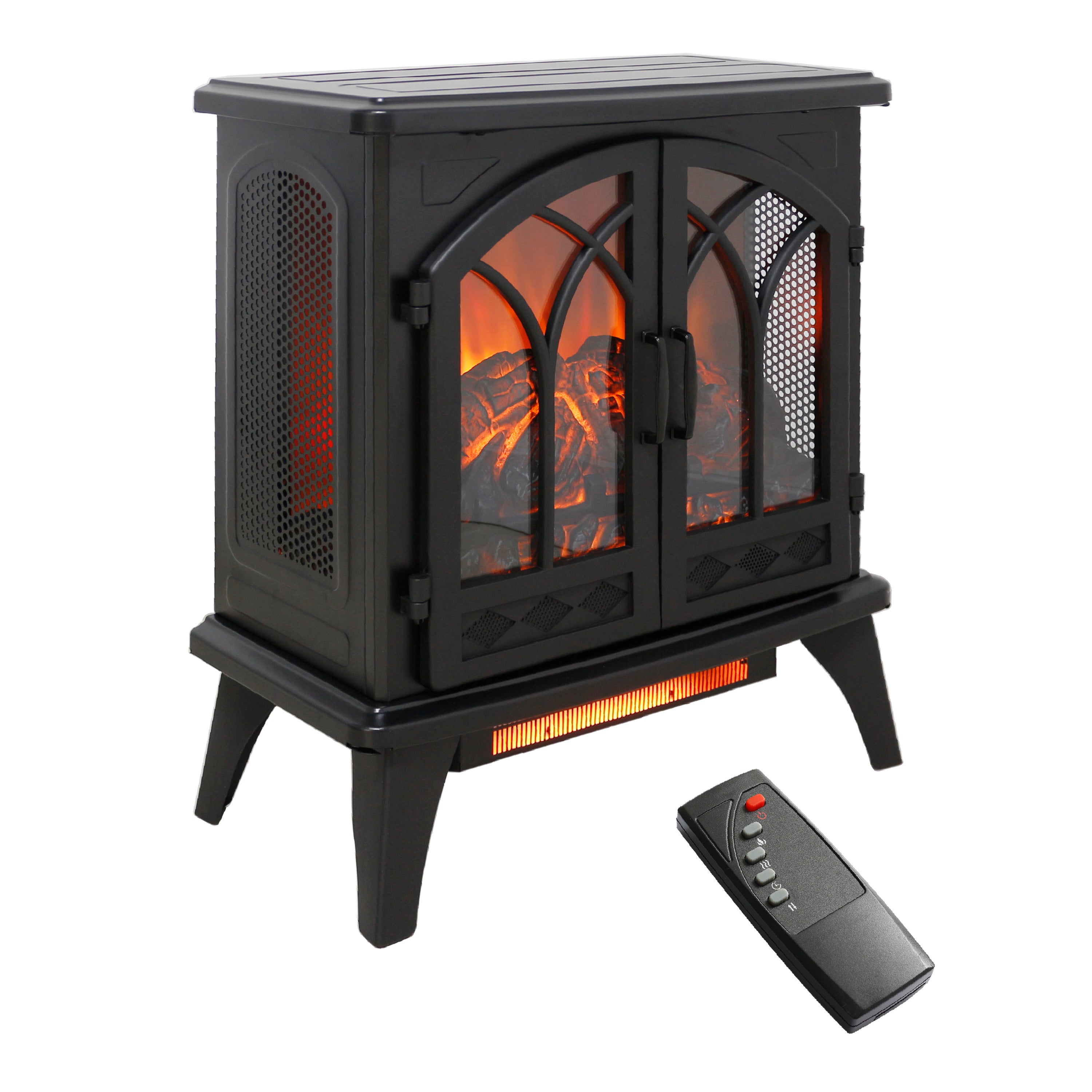 Classical 24-Inch 3D Flame Electric Infrared Quartz Fireplace Stove with Remote Control, Antique Black, Tempered Glass & Sheet Metal - Grand Goldman Shop