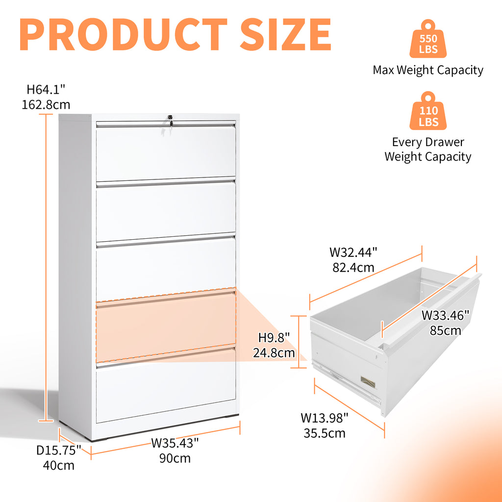 5 Drawer Metal Lateral File Cabinet , White Filing Cabinet with Lock, Lockable File Cabinet for Home Office, Locking Metal Fi