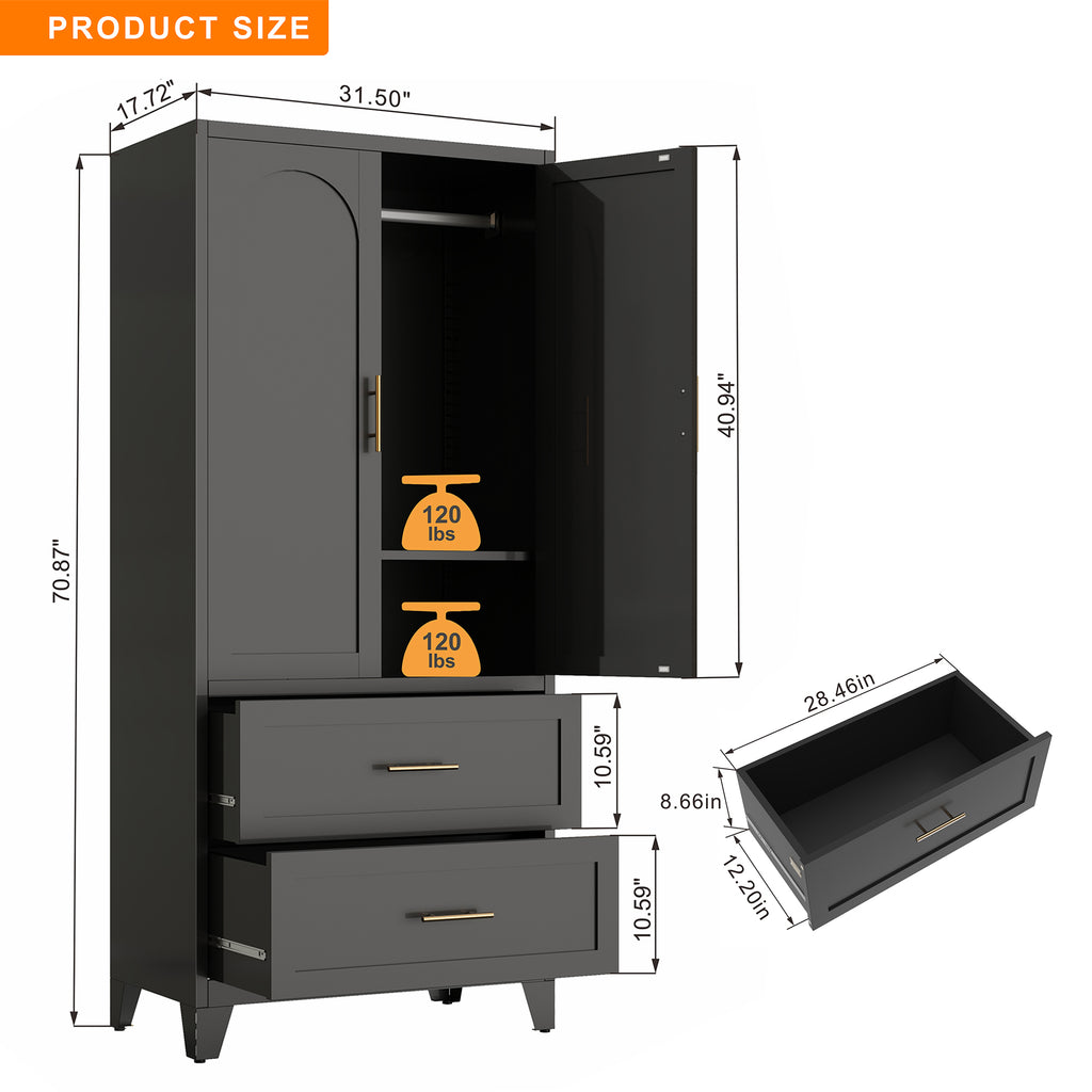 71' Tall Metal Wardrobe Cabinet with 2 Drawers and Hanging Rod, 2 Doors Wardrobe Closet with Shelf for Bedroom, Office, Laundry Room,Entryway ,Foyer,Guesthouse (Black) - Grand Goldman Shop