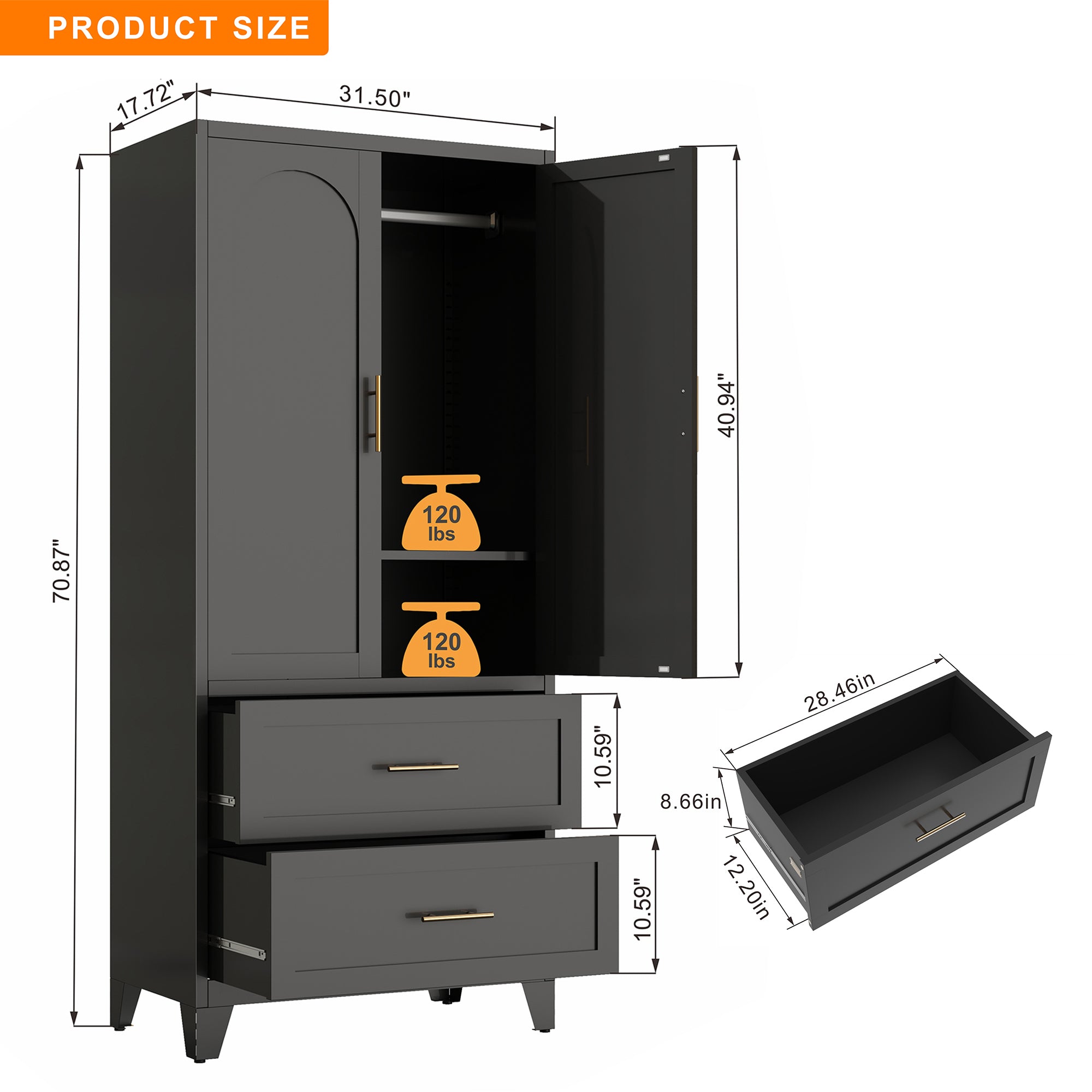 71' Tall Metal Wardrobe Cabinet with 2 Drawers and Hanging Rod, 2 Doors Wardrobe Closet with Shelf for Bedroom, Office, Laundry Room,Entryway ,Foyer,Guesthouse (Black) - Grand Goldman Shop