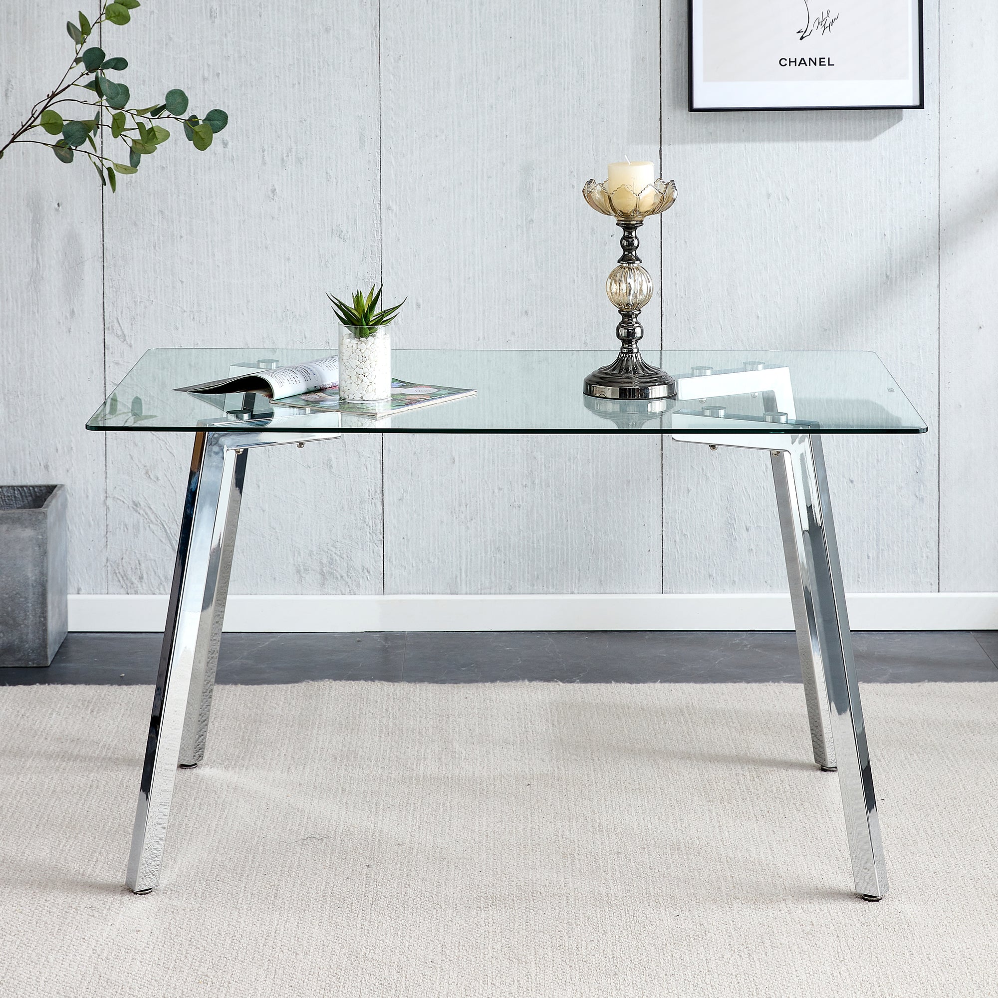 Glass Dining Table Modern Minimalist Rectangular  for 4-6 with 0.31' Tempered Glass Tabletop and plating Metal Legs, Writing Table Desk, for Kitchen Dining Living Room, 51' W x 31'D x 30' H 1123 - Grand Goldman Shop