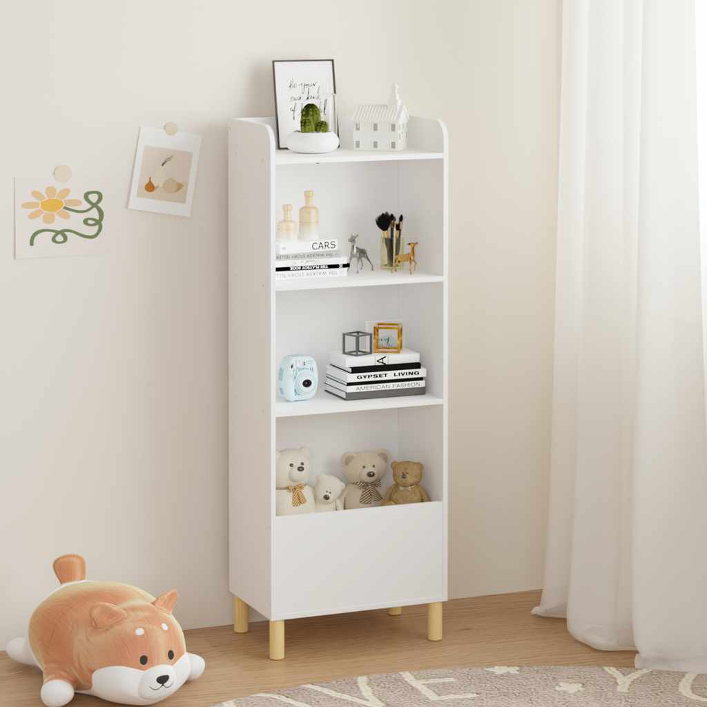 Kids 4-Tier Bookcase, Children's Book Display with Safety Restraint, White MDF & Pine Wood Storage Cabinet for Nursery, Playr