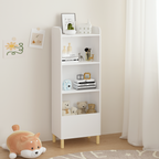 Kids 4-Tier Bookcase, Children's Book Display with Safety Restraint, White MDF & Pine Wood Storage Cabinet for Nursery, Playr