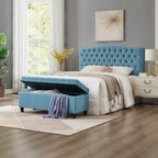 Upholstered tufted button storage bench ,Linen fabric entry bench with spindle wooden legs, Bed bench- Light Blue - Grand Goldman Shop