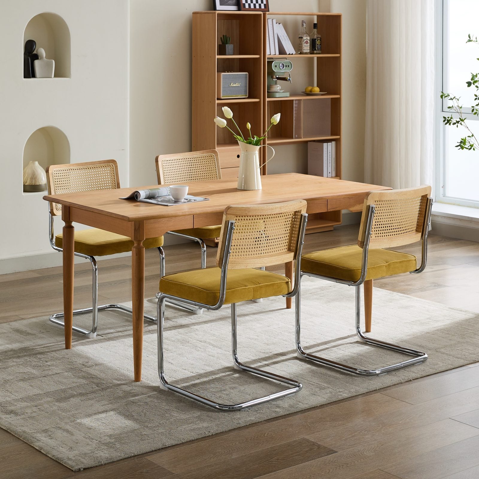 Mid Century Modern Dining Chairs Set of 2, Velvet Accent Chairs with Natural Cane Back & Stainless Chrome Base, Famous Breuer Designed Chairs, Upholstered Rattan Kitchen Chairs,Golden - Grand Goldman Shop