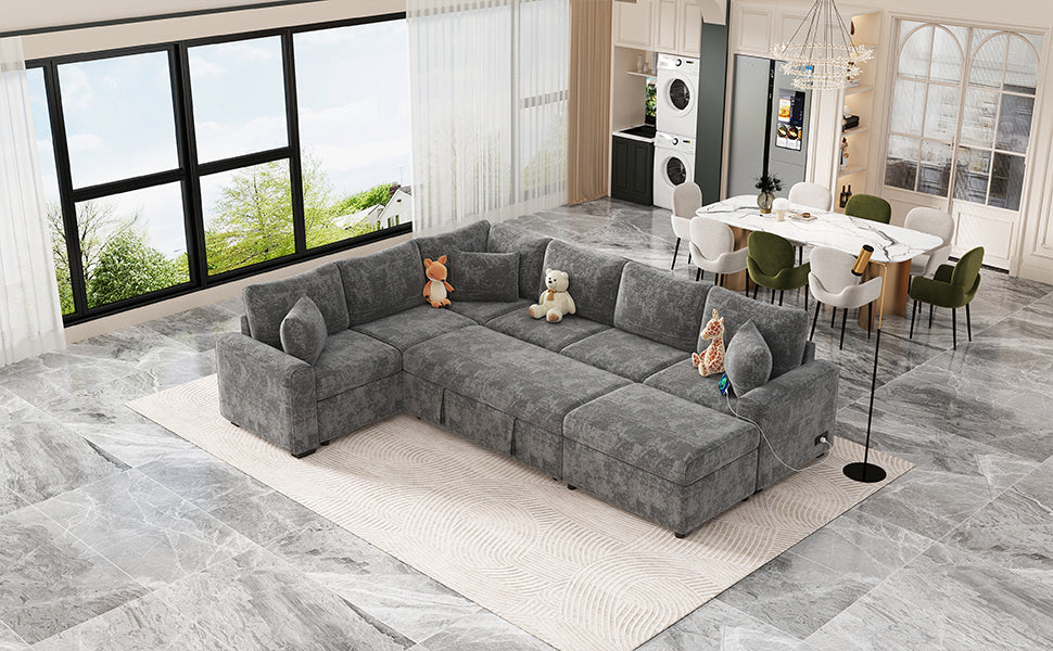 Modern Sectional Sofa Pull-out Sleeper with Storage Ottoman, USB Charging, Grey Tweed Chenille, 112.2' - Grand Goldman Shop