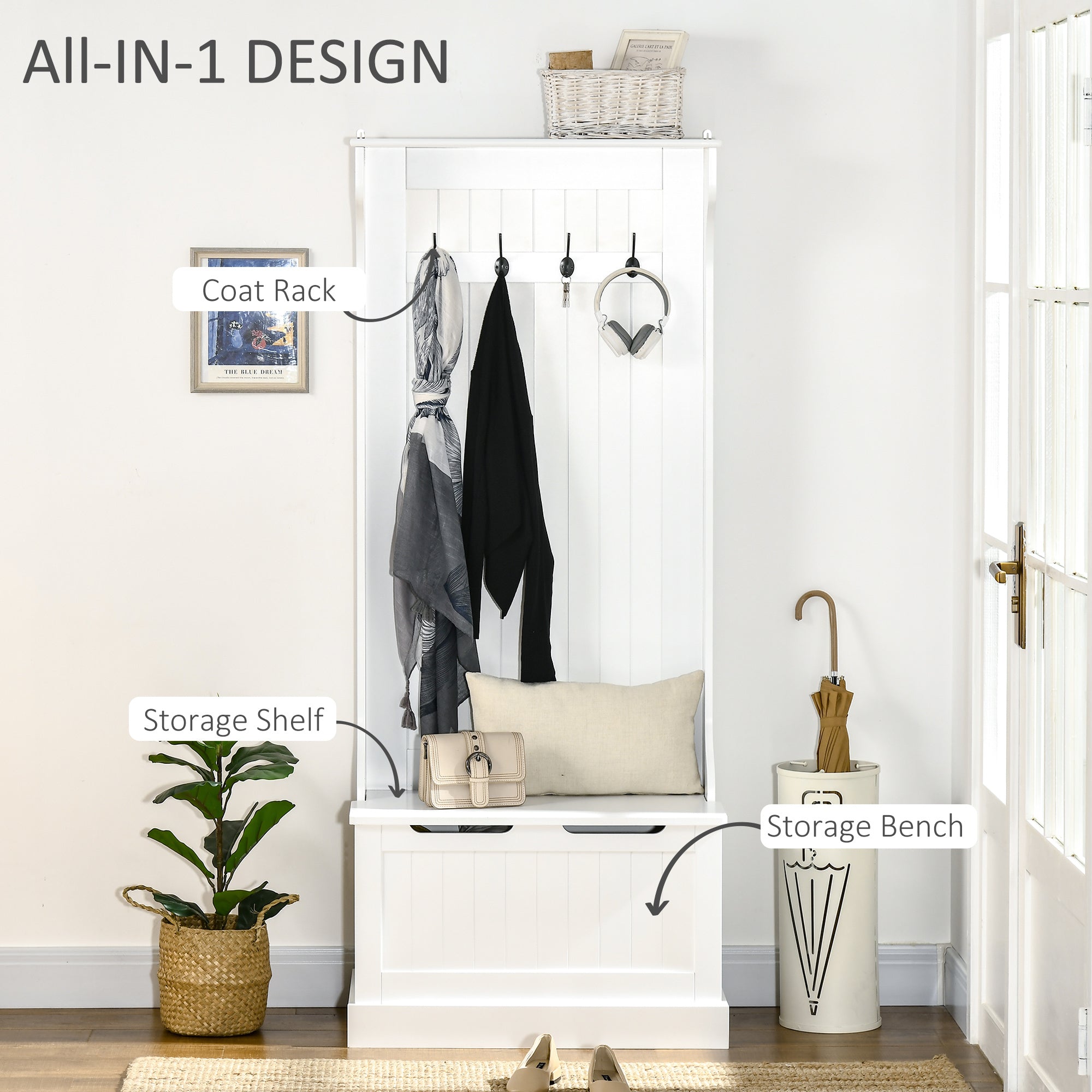 HOMCOM Hall Tree with Coat Rack, Storage and Sitting Bench, White - Grand Goldman Shop