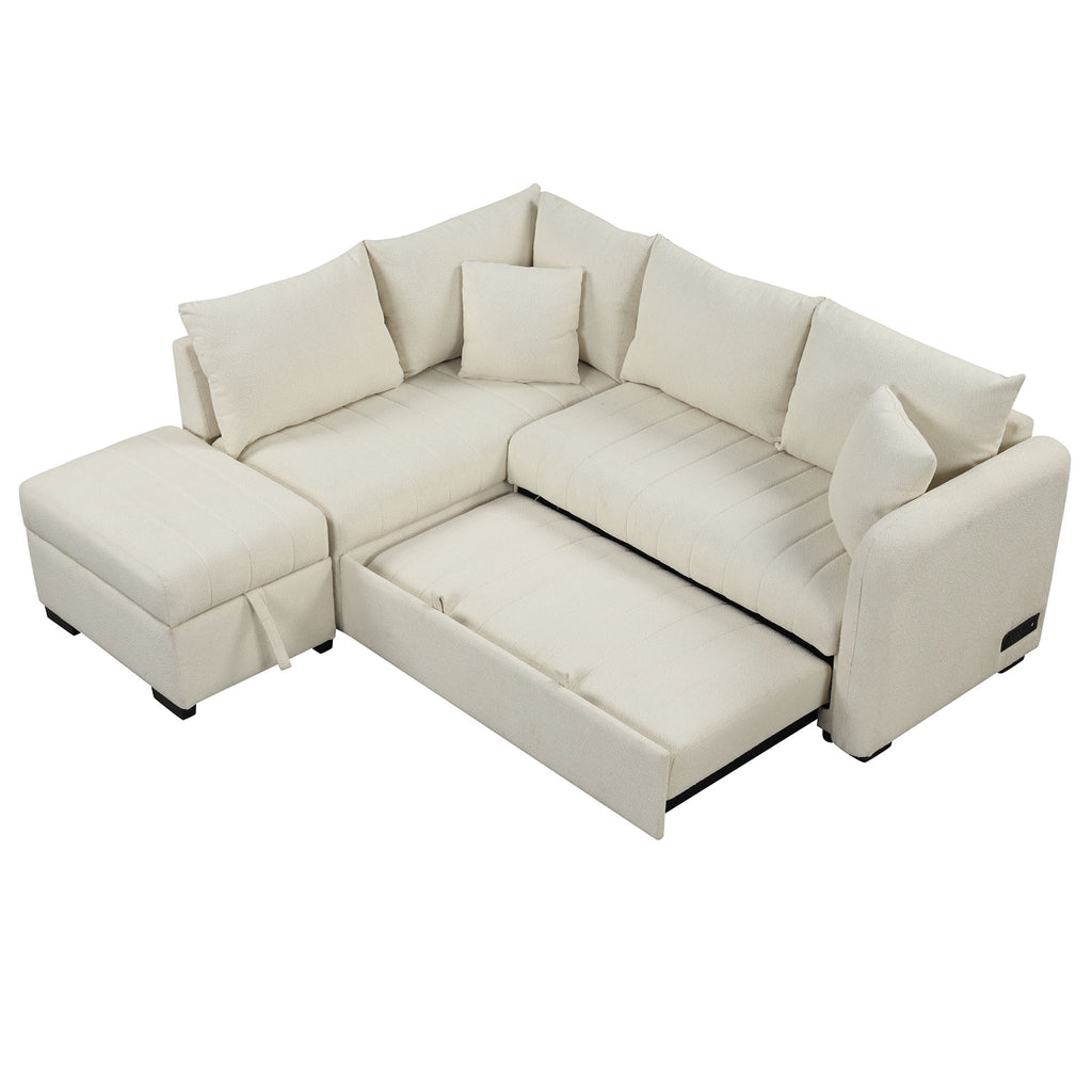 Modern L-shaped Sectional Pull Out Sofa Bed with USB Ports and Storage Ottoman, Beige, Jacquard Fabric, 82.6' - Grand Goldman Shop