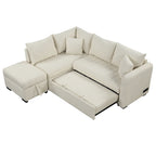 Modern L-shaped Sectional Pull Out Sofa Bed with USB Ports and Storage Ottoman, Beige, Jacquard Fabric, 82.6' - Grand Goldman Shop