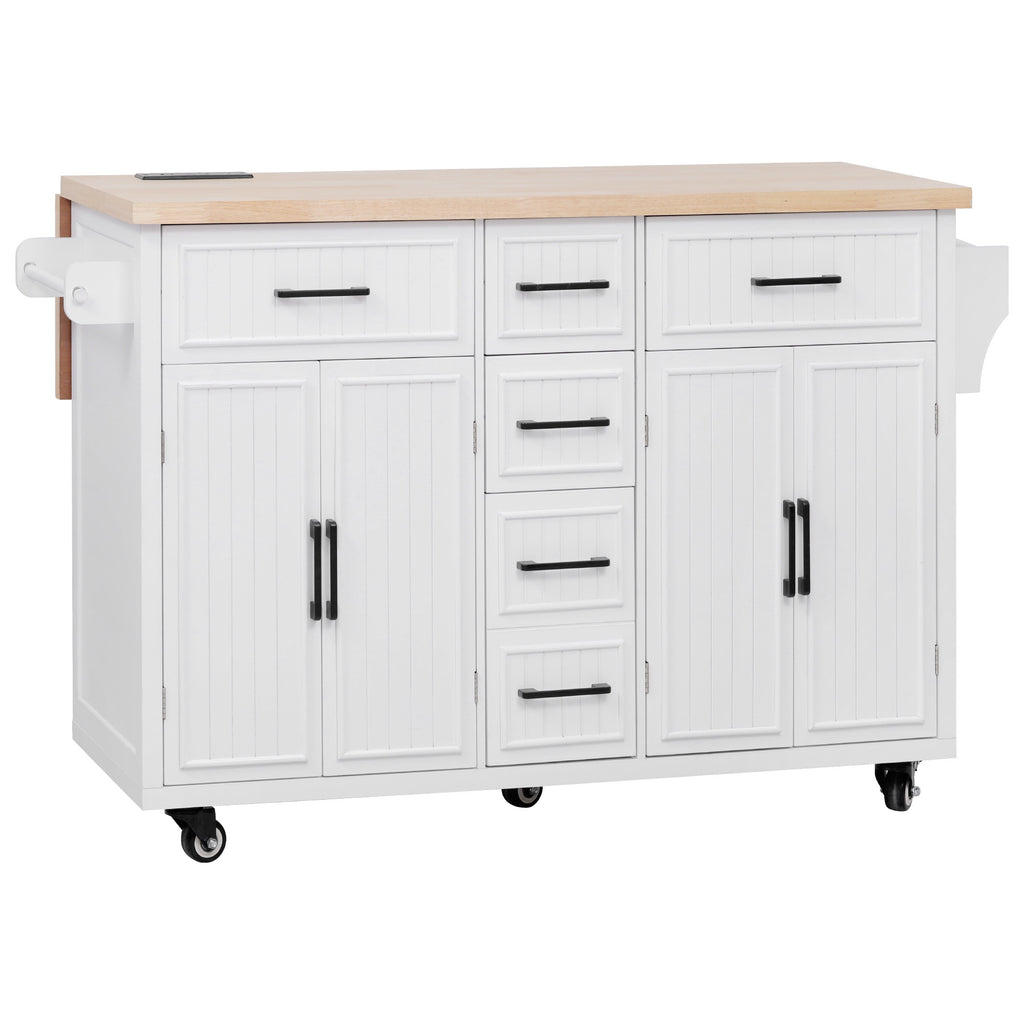 K&K 56.5'' Kitchen Island with Drop Leaf, Power Outlet, Embossed Vertical Stripe Rolling Kitchen Cart on Wheels with 4 Doors , 5 Deep Drawers and Adjustable Shelves, for Kitchen, Dining Room, White - Grand Goldman Shop