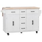 K&K 56.5'' Kitchen Island with Drop Leaf, Power Outlet, Embossed Vertical Stripe Rolling Kitchen Cart on Wheels with 4 Doors , 5 Deep Drawers and Adjustable Shelves, for Kitchen, Dining Room, White - Grand Goldman Shop