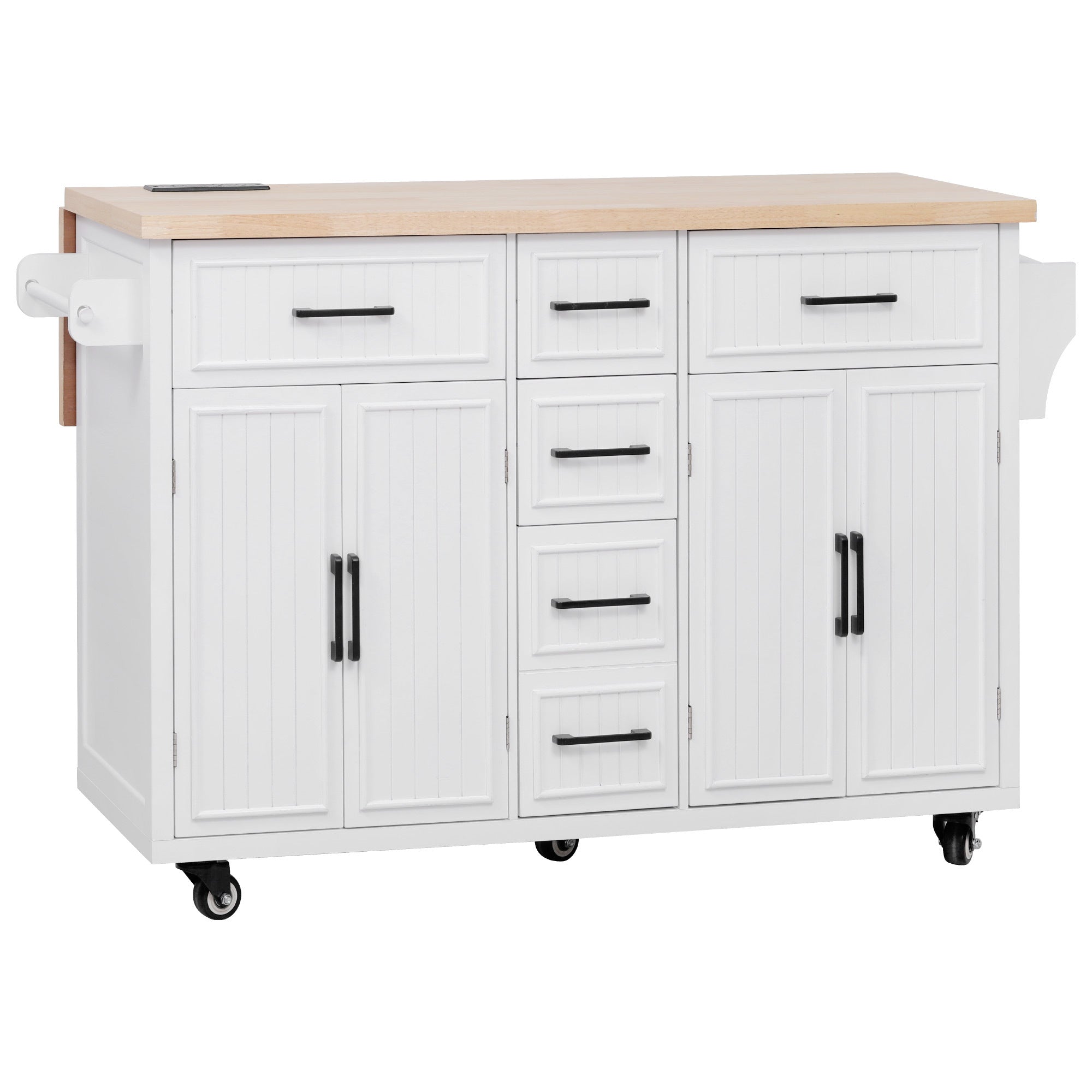 K&K 56.5'' Kitchen Island with Drop Leaf, Power Outlet, Embossed Vertical Stripe Rolling Kitchen Cart on Wheels with 4 Doors , 5 Deep Drawers and Adjustable Shelves, for Kitchen, Dining Room, White - Grand Goldman Shop