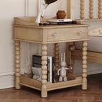 Retro Style Nightstand with Drawer and Open Shelf for Bedroom, Bedside Table with Turned Legs and Metal Handle,Natural - Grand Goldman Shop