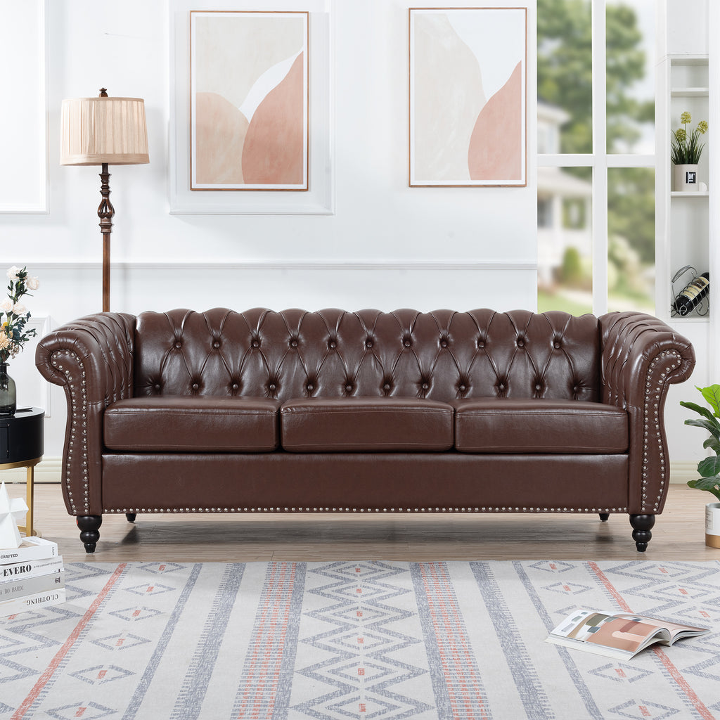 Dark Brown PU Rolled Arm Chesterfield Three Seater Sofa with Solid Wood Frame and Birch Legs - Grand Goldman Shop