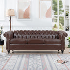 Dark Brown PU Rolled Arm Chesterfield Three Seater Sofa with Solid Wood Frame and Birch Legs - Grand Goldman Shop
