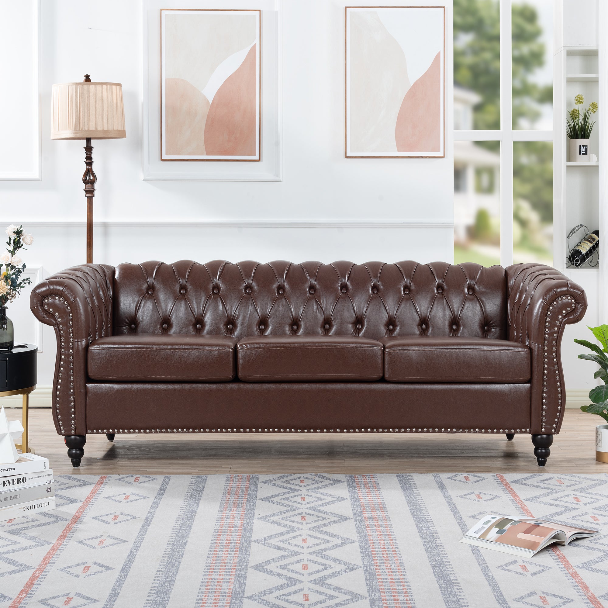 Dark Brown PU Rolled Arm Chesterfield Three Seater Sofa with Solid Wood Frame and Birch Legs - Grand Goldman Shop