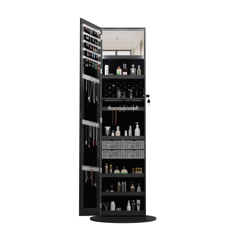 360°Swivel Jewelry Cabinet with Full Length Mirror, 360°Rotating Standing Jewelry Armoire Organizer, Lockable Storage Cabinet, Interior Lighted Mirror, Black - Grand Goldman Shop