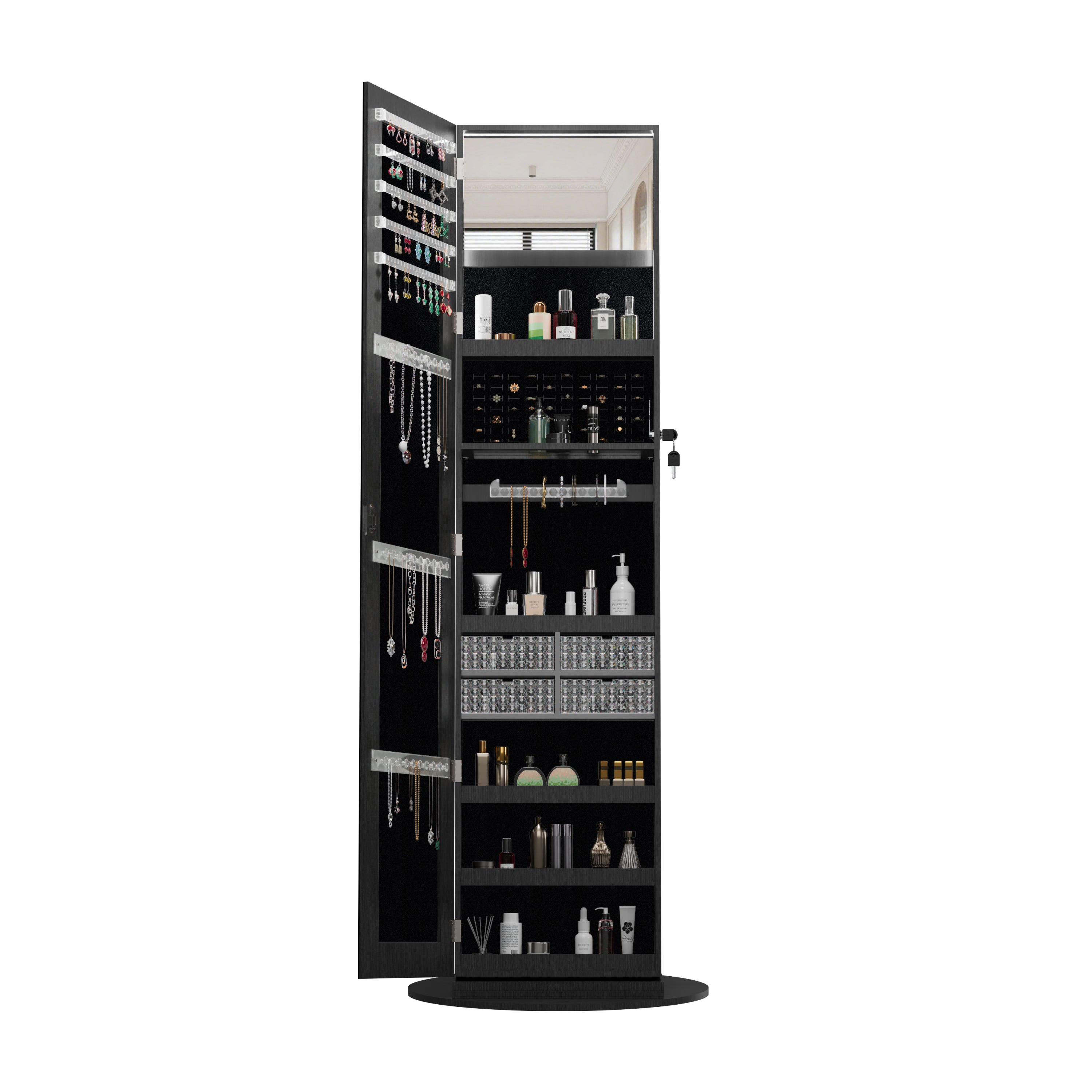 360°Swivel Jewelry Cabinet with Full Length Mirror, 360°Rotating Standing Jewelry Armoire Organizer, Lockable Storage Cabinet, Interior Lighted Mirror, Black - Grand Goldman Shop