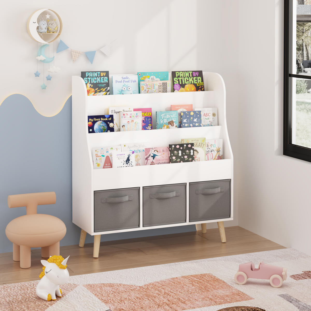 Kids Bookshelf with 3 Fabric Storage Bins, White Wooden Book Display Organizer for Toddlers and Children, Front-Facing Book R