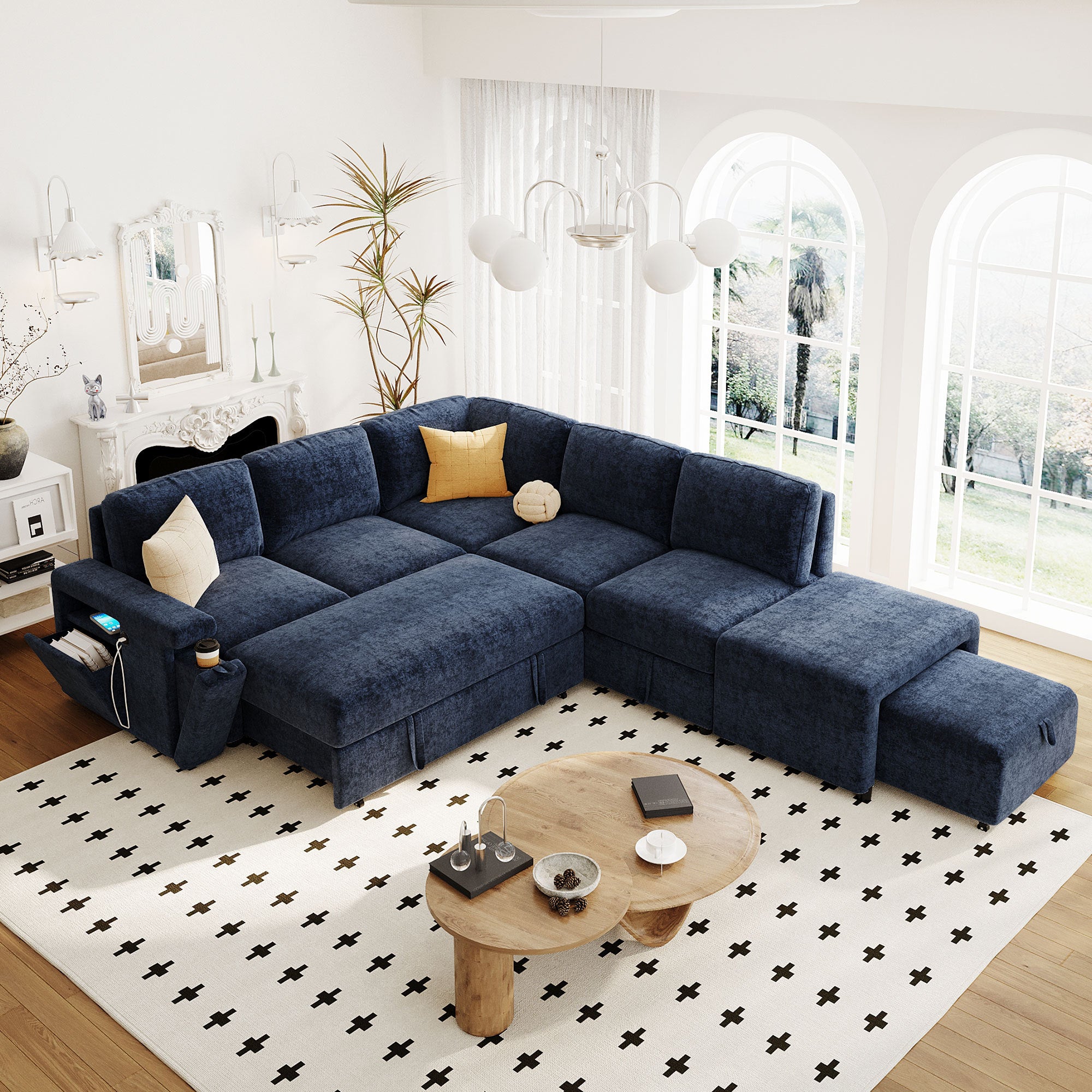 U_STYLE L-shaped Pull-Out Sofa Bed with Storage, USB Ports, and Cup Holders, Modular Design for Living Rooms, Offices & Apartments - Grand Goldman Shop