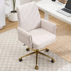 Ergonomic Mid-Back Office Chair with Striped Fabric, White Corduroy, Adjustable Lumbar Support and Gold Base, 25.2 x 24.0 x 3