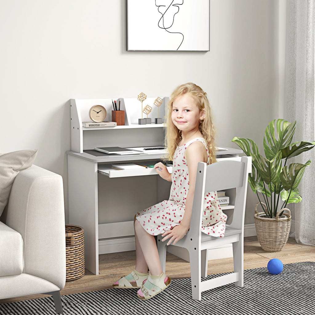 Qaba Kids Desk and Chair Set with Storage, Study Desk with Chair for Children 5-8 Years Old, Gray - Grand Goldman