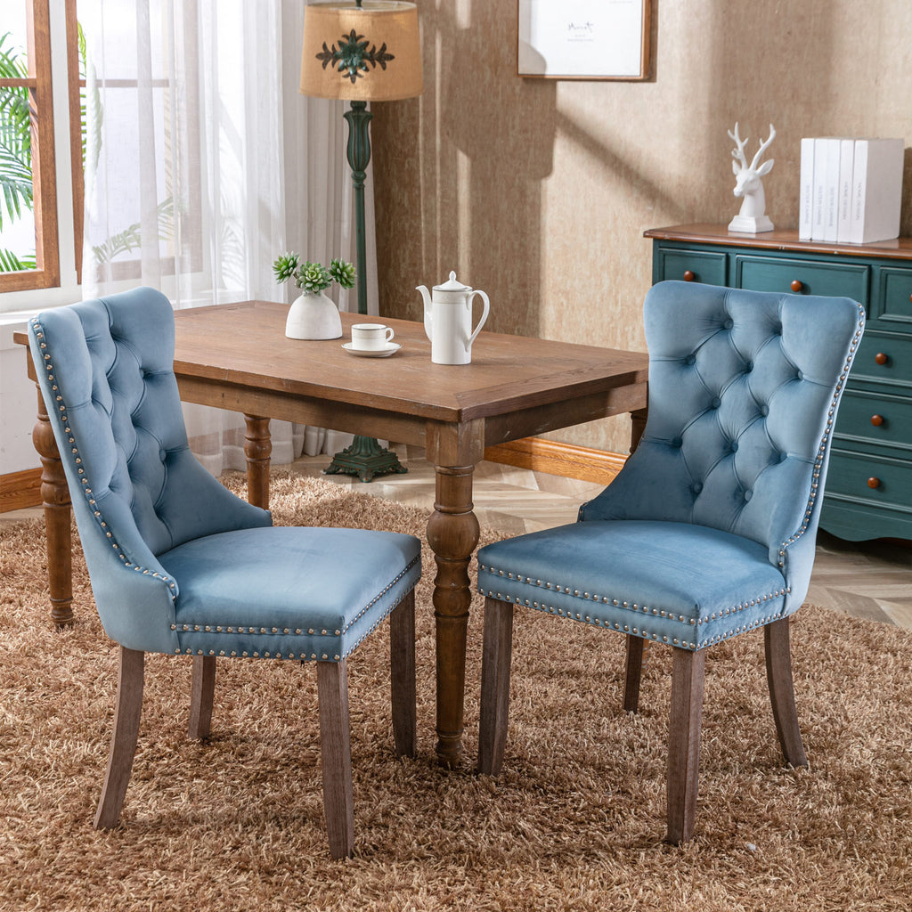 Nikki Collection Modern, High-end Tufted Solid Wood Contemporary Velvet Upholstered Dining Chair with Wood Legs Nailhead Trim 2-Pcs Set,Light Blue, SW2001LB - Grand Goldman Shop