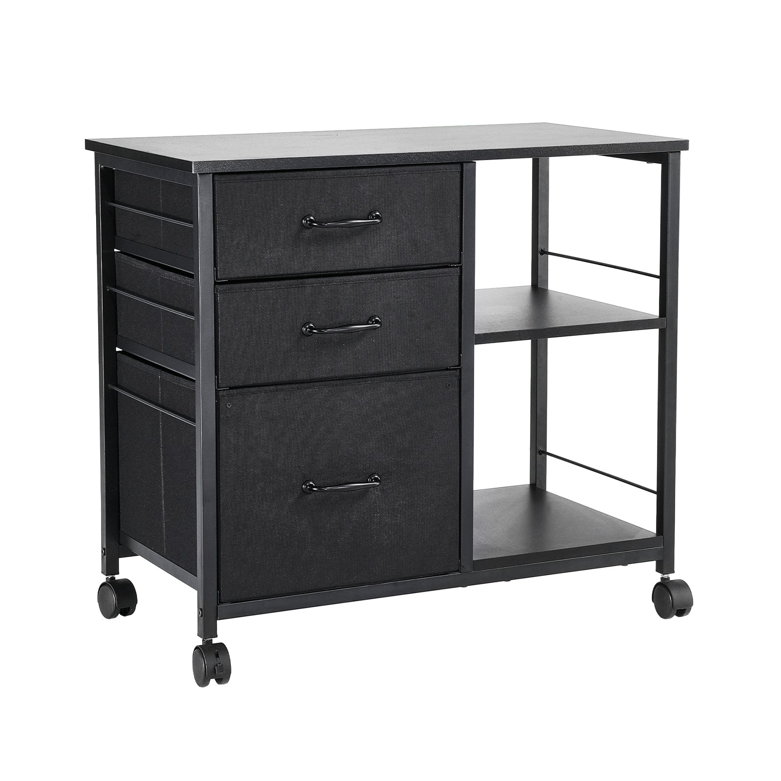 Mobile Metal File Cabinet with 3 Fabric Drawers and 2 Open Shelves Black - Grand Goldman