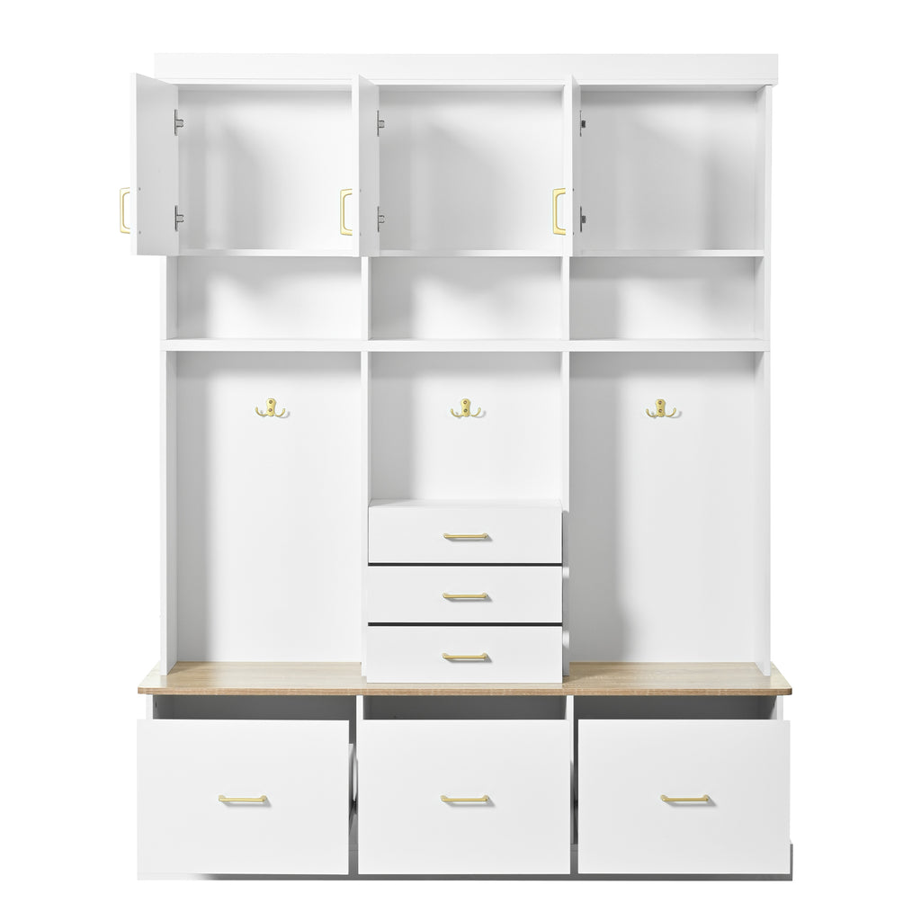 75'' H Entryway Hall Tree with Bench and Storage, 5-in-1 Modern Hall Tree with Coat Rack, 6 Drawers, 3 Cabinets and 3-Tier Top Storage for Hallway, Entryway, Living Room, Mudroom - Grand Goldman Shop