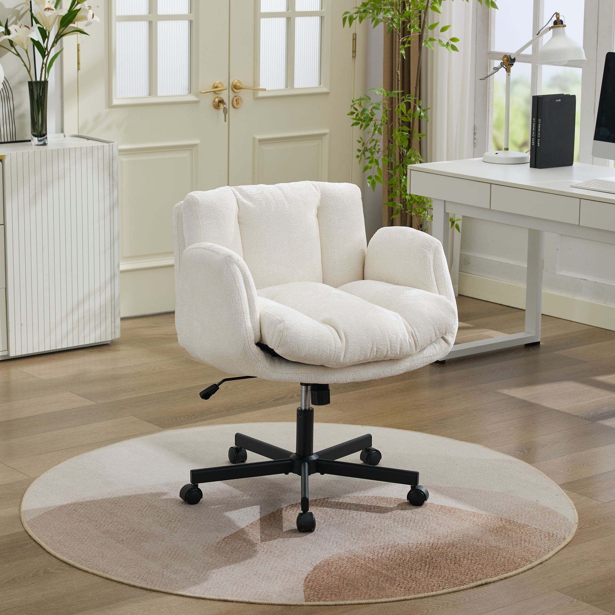 Modern Chenille Swivel Office Chair, Height Adjustable Task Chair with Convertible Multi-Position Armrests,Comfy Double Cushi