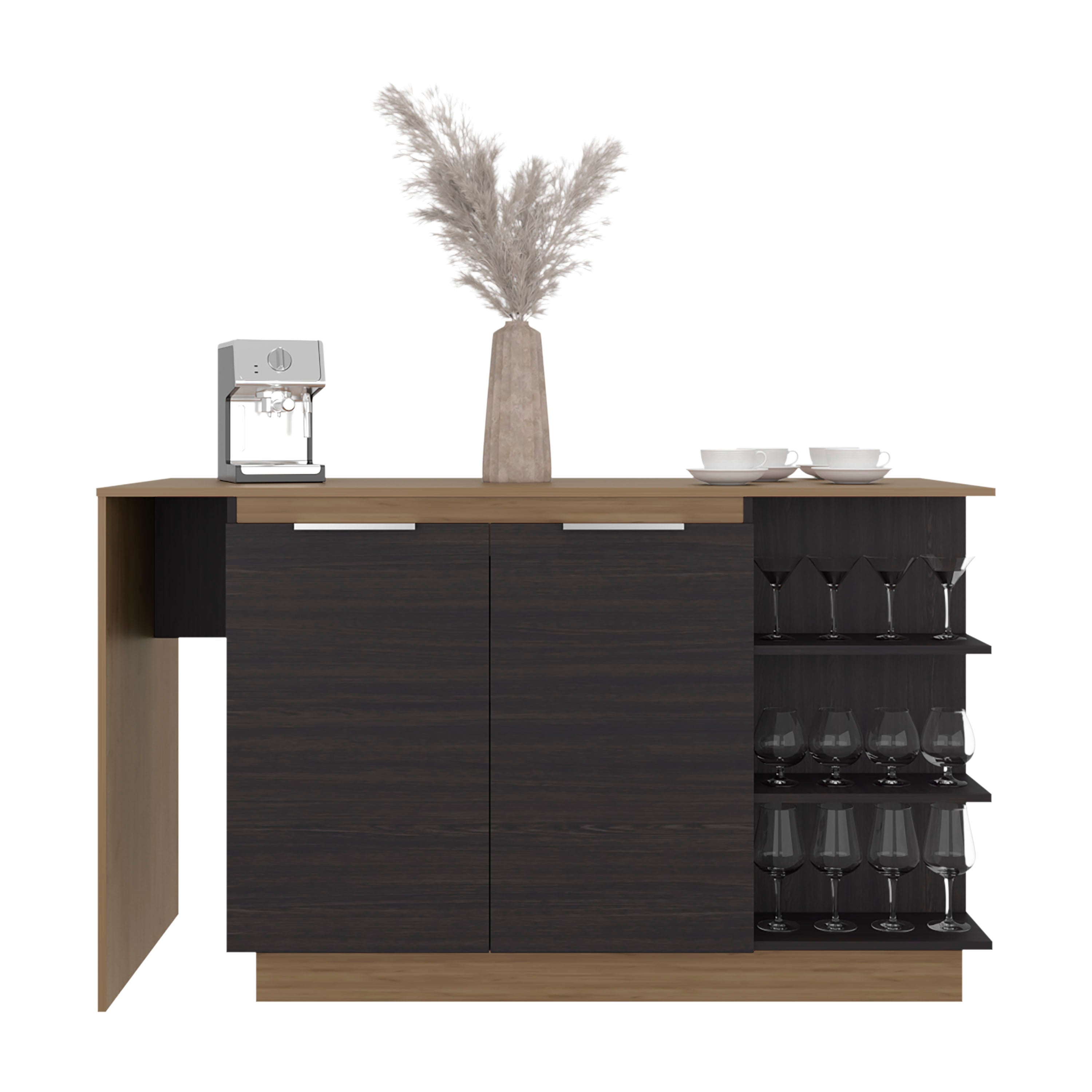Dwight Kitchen Bar Counter with Shelves and Cabinets, Black Wengue / Natural Oak - Grand Goldman Shop