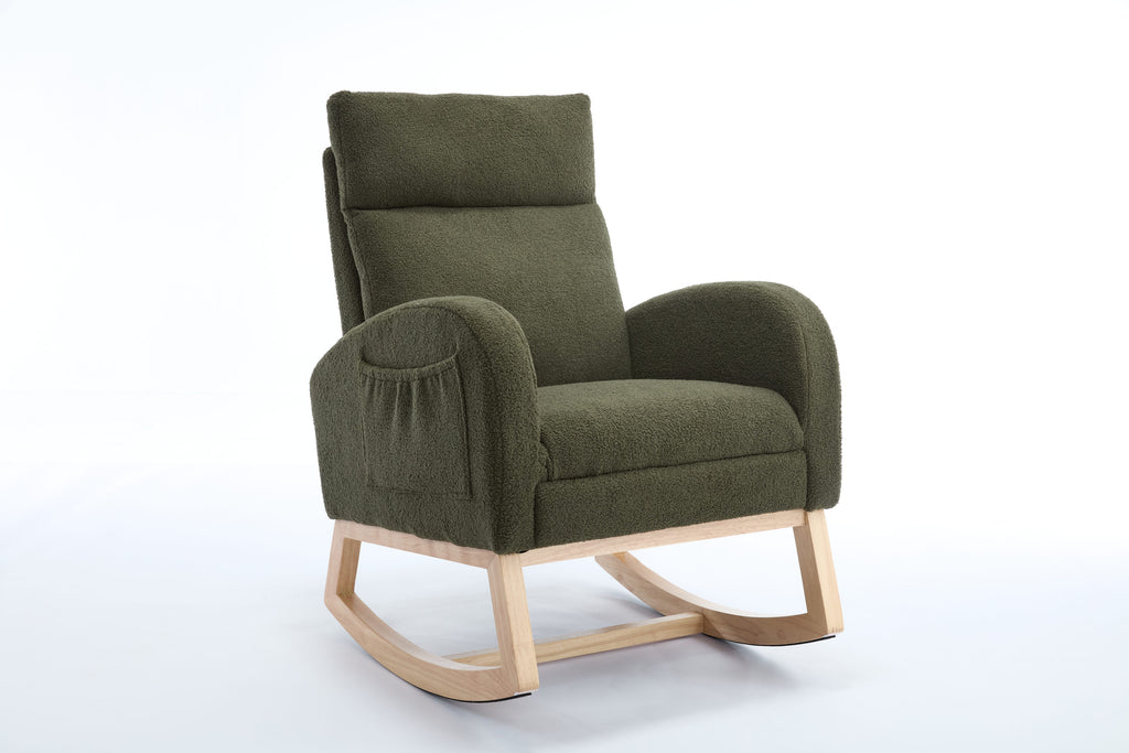 015B-Teddy Fabric Leisure Rocking Chair,Nursery Rocking Chair With Adjustable Footstool,Thickened Headrest And High Backrest, Storage Pocket On The Right Side,The Base Rocker Is Solid Wood,Green - Grand Goldman Shop