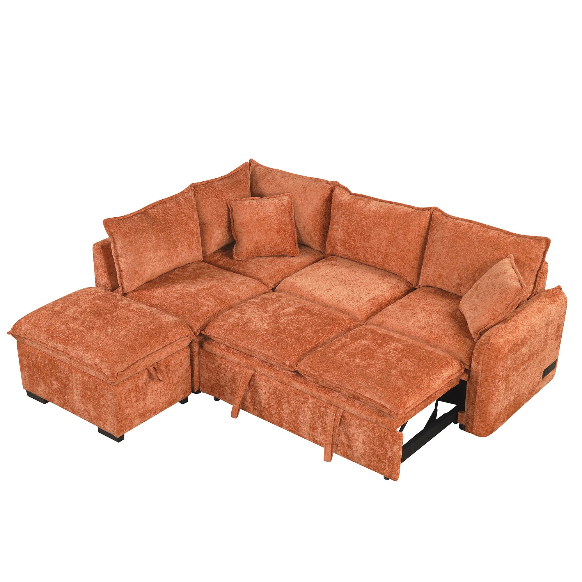 Convertible L-shaped Sofa Bed with Storage Ottoman, Power Sockets & USB Ports, Orange Chenille, 82.67' - Grand Goldman Shop