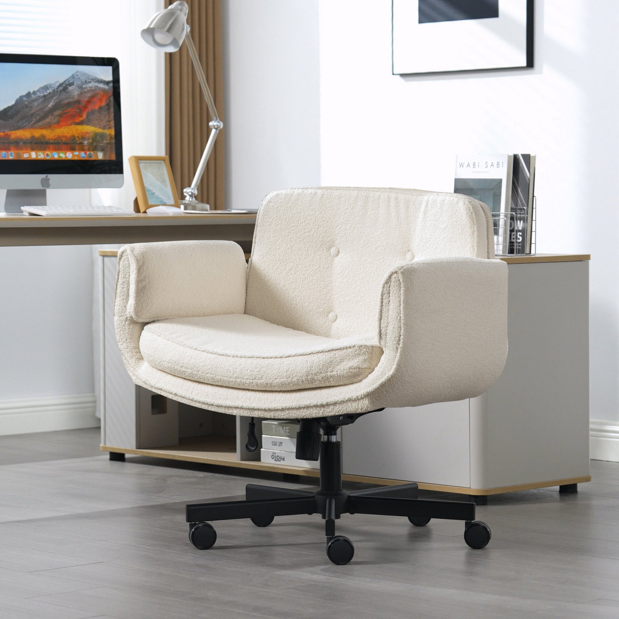 Criss Cross Chair with Adjustable Armrests & Wheels & Headrest, Lounge Vanity Desk Chair with Wide Seat for Cross-Legged Sitt