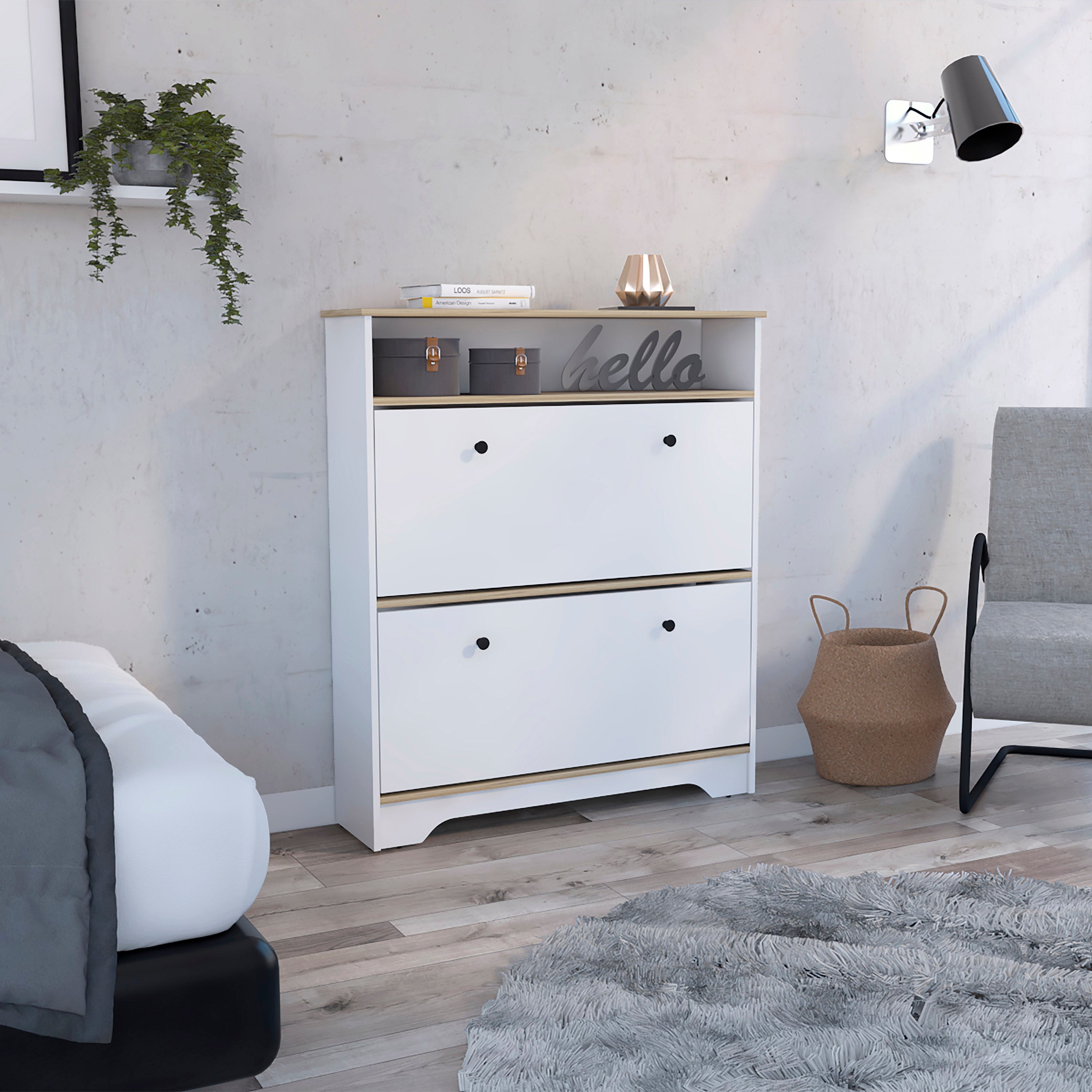 Shoe Rack Dublin, One Open Shelf, Two Extendable Cabinets, Light Oak / White Finish - Grand Goldman Shop