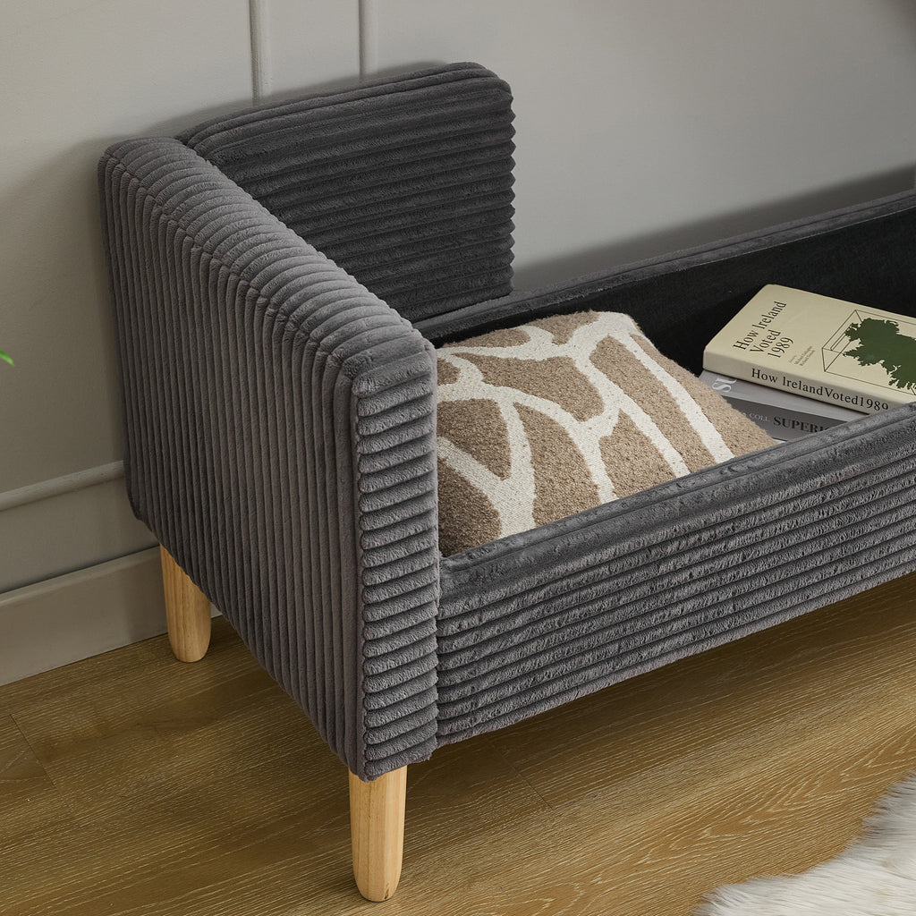 65.35'Wide Upholstered Flip-top Storage Accent Bed Bench, Corduroy Footrest Ottoman with Armrests&Backrest&2 Bolster Pillows Wood Legs for Living Room, End of Bed, Hallway, Entryway Bedroom. Charcoal - Grand Goldman Shop