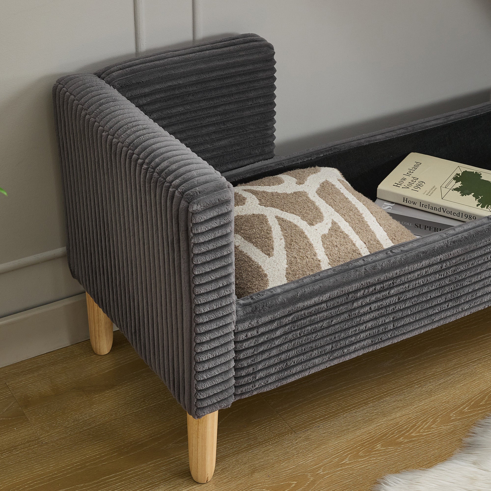 65.35'Wide Upholstered Flip-top Storage Accent Bed Bench, Corduroy Footrest Ottoman with Armrests&Backrest&2 Bolster Pillows Wood Legs for Living Room, End of Bed, Hallway, Entryway Bedroom. Charcoal - Grand Goldman Shop